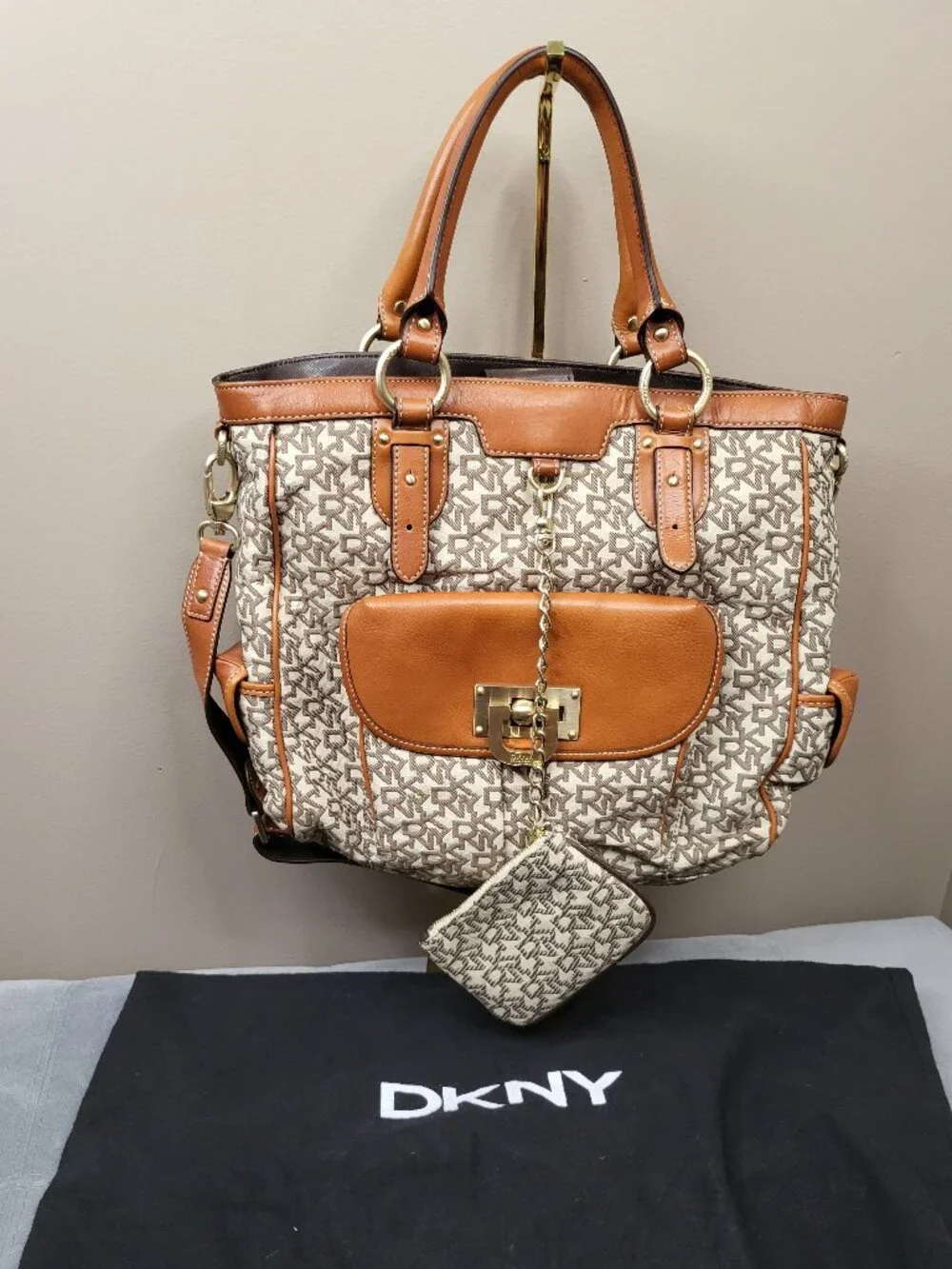 DKNY Signature Logo Jacquard Convertible Shoulder Crossbody Bag Tan Brown